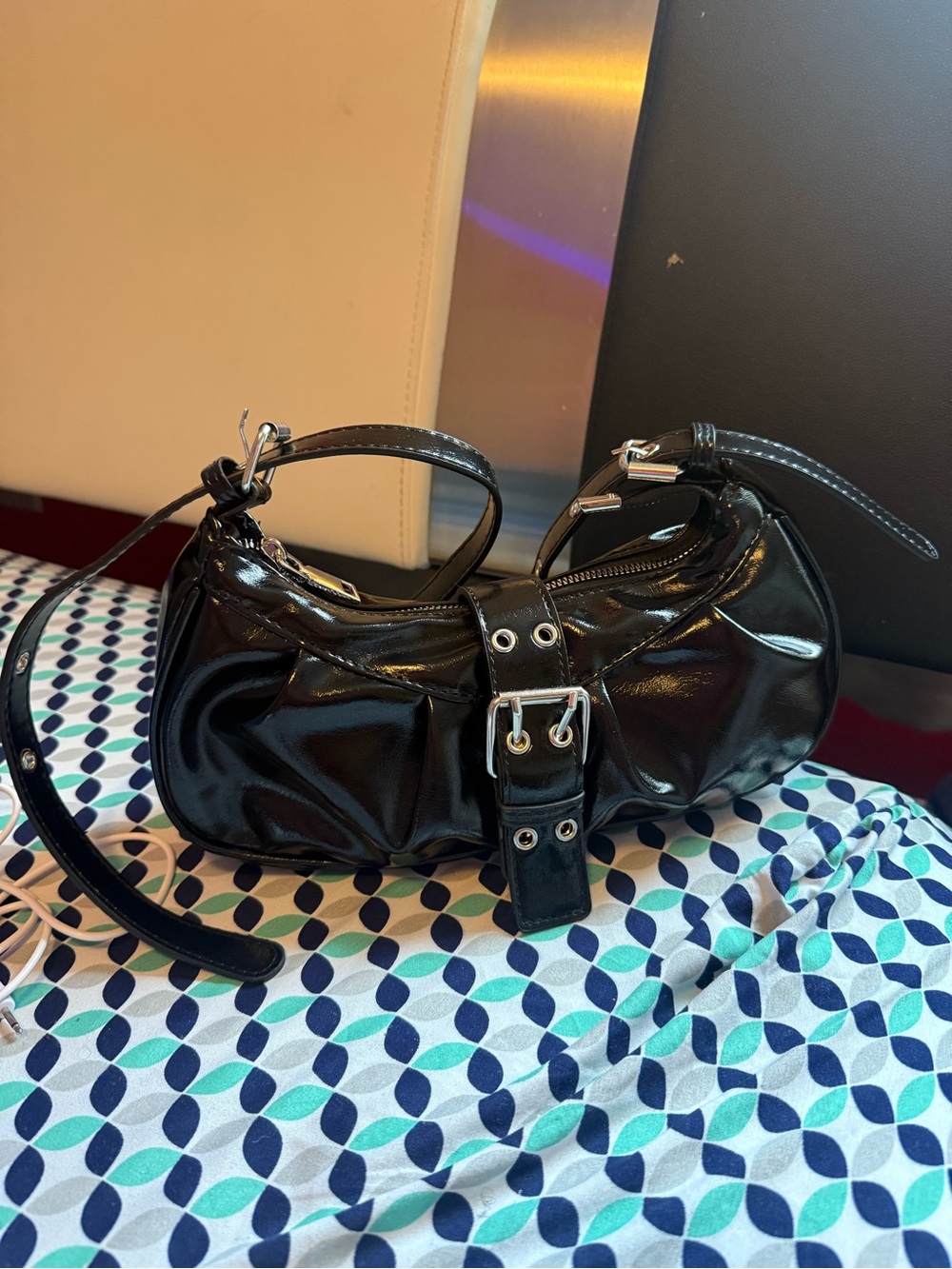 Glossy Black Patent Shoulder Bag with Buckle Detail